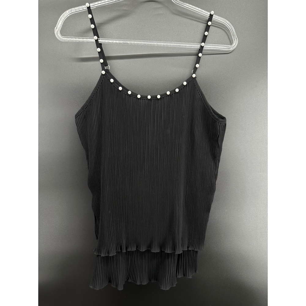 Women's Spaghetti Strap Tank Tops Summer Double Layer Ruffle Hem Pearl Trim Cami